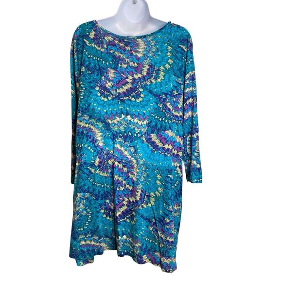 Serengeti Women's Blue Feather Print Tunic Top Size 2X Exotic Tropical Resort - Picture 2 of 10